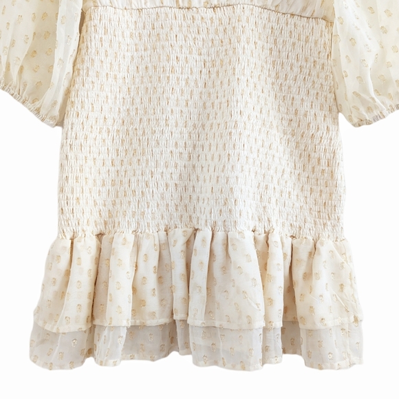 LULU'S All The Cheers Cream and Gold Dotted Smocked Mini Dress Size Large - Picture 8 of 13